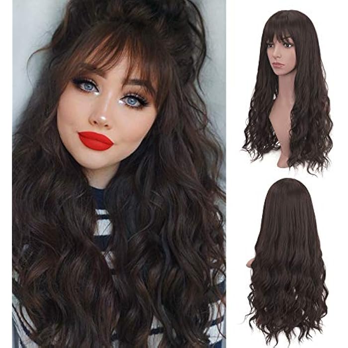DILLARDS Long Fluffy Wavy Heat Resistant Synthetic Wig With Bangs For Women - 24In, Brown - Image 4